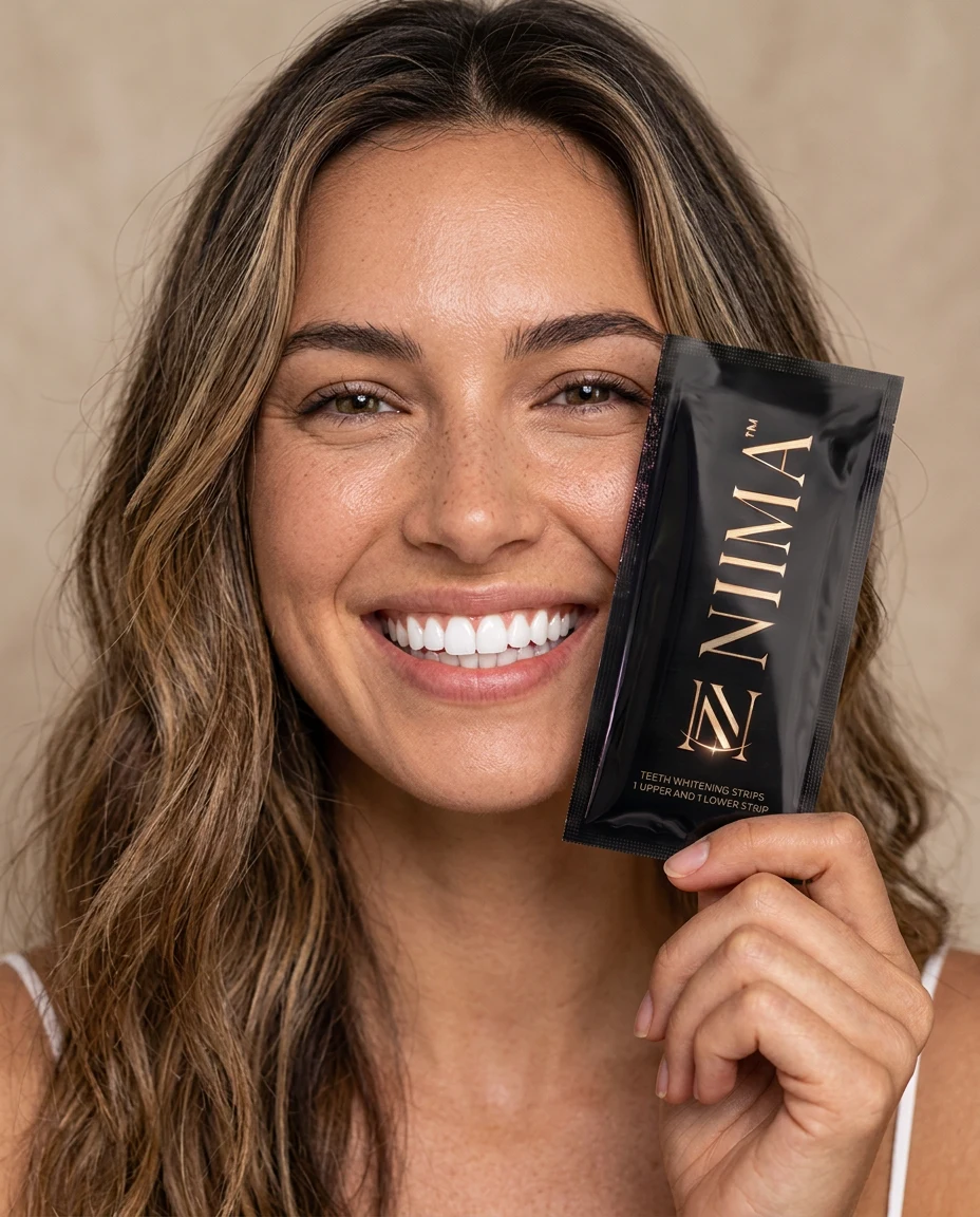 Model holding the standardized black-gloss NIMA whitening strips sachet beside her smile