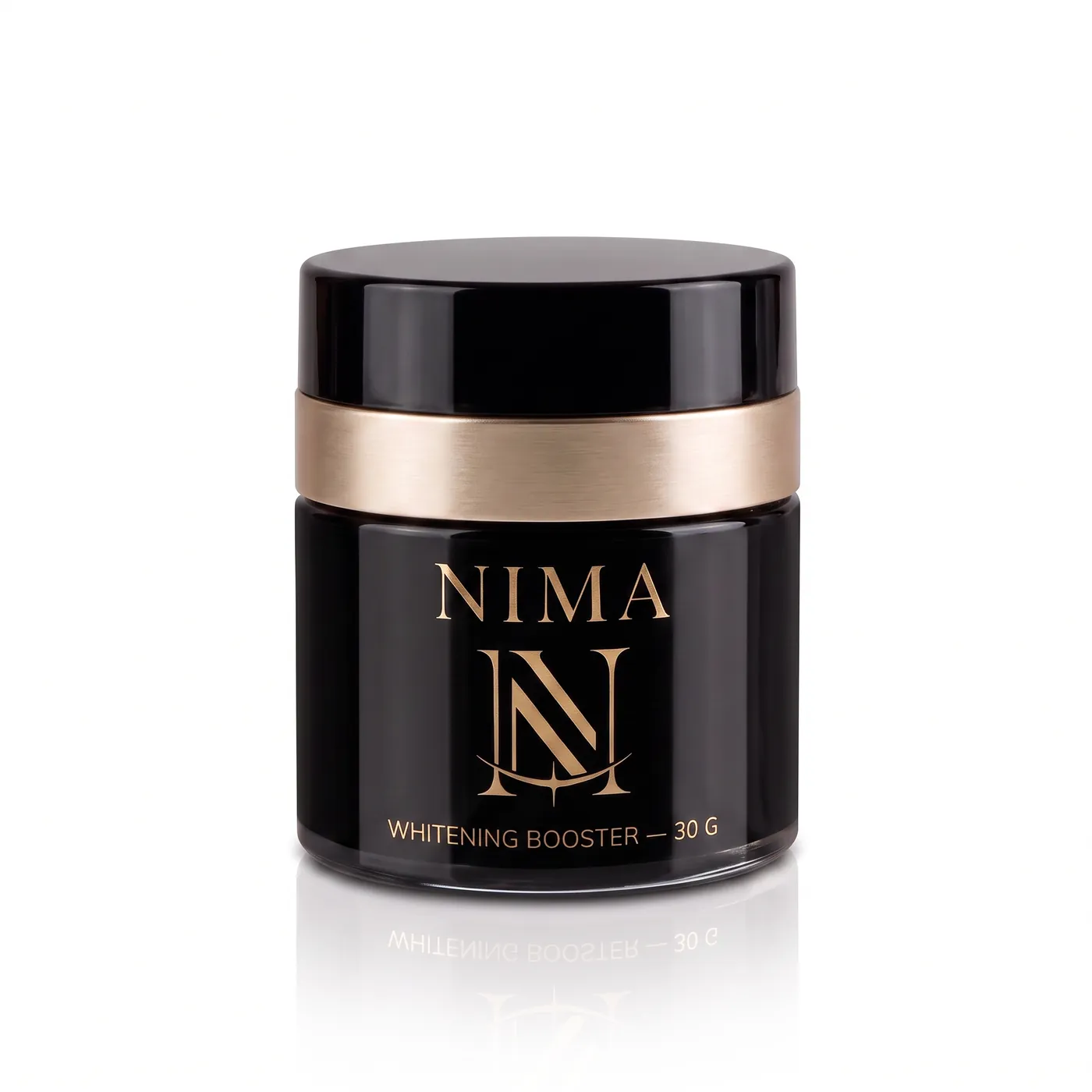 The glossy black NIMA whitening booster jar with gold branding