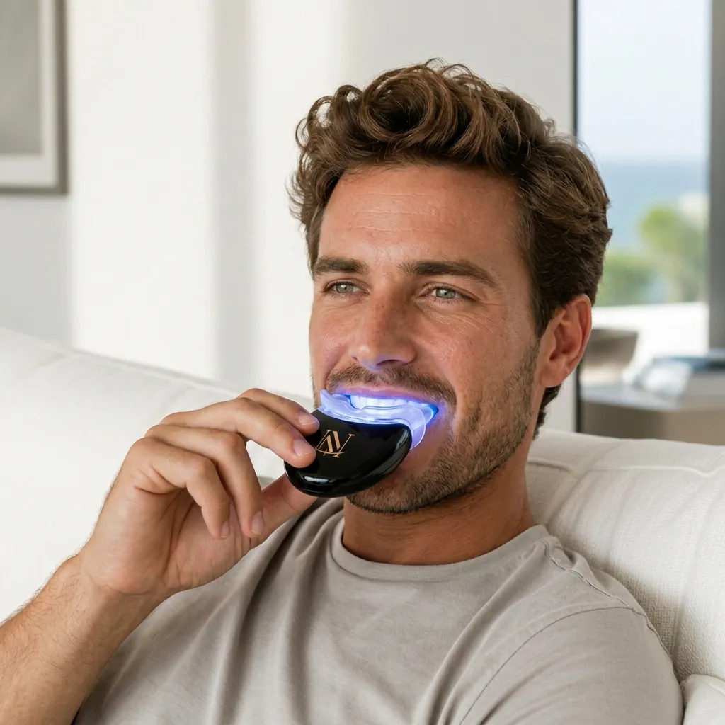 A man relaxing during a NIMA LED whitening session