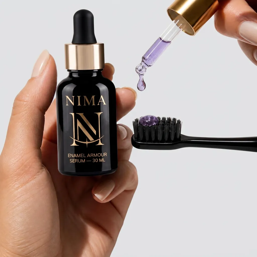 Two drops of the NIMA enamel armour serum applied to a black toothbrush