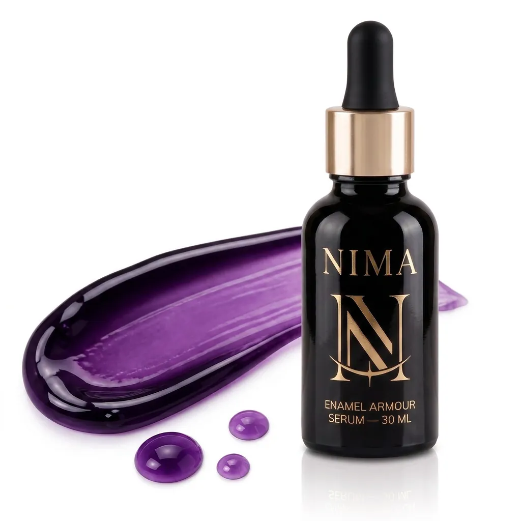 The NIMA enamel armour serum bottle beside a violet serum swipe