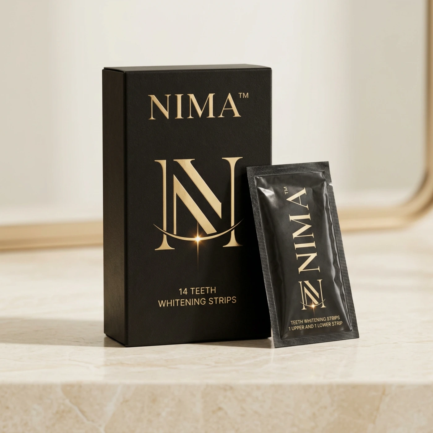 NIMA whitening strips box and sachet on warm ivory stone